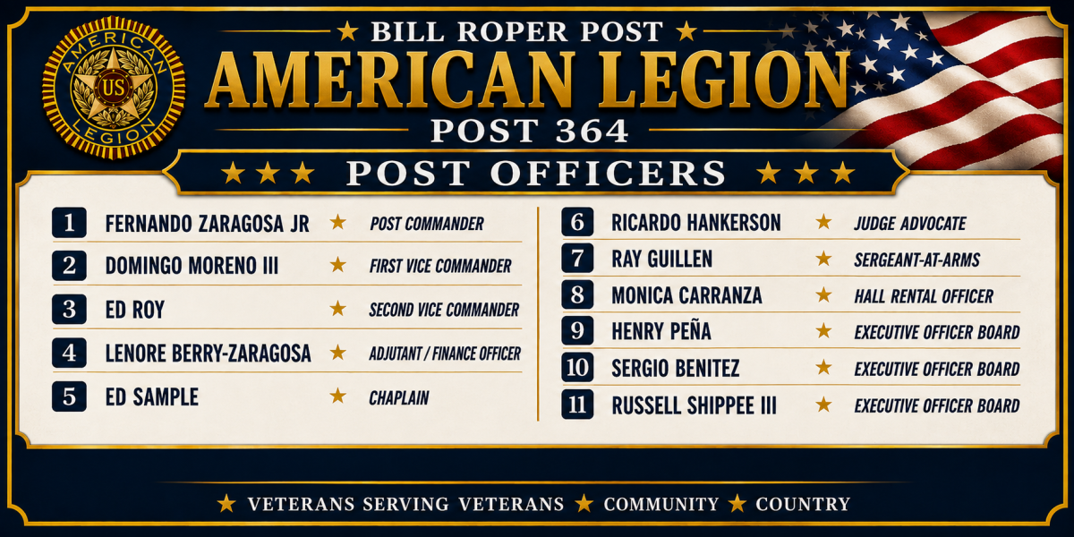 Bill Roper American Legion Post 364 Officers Board listing the Post’s elected and appointed officers for 2026–2027.