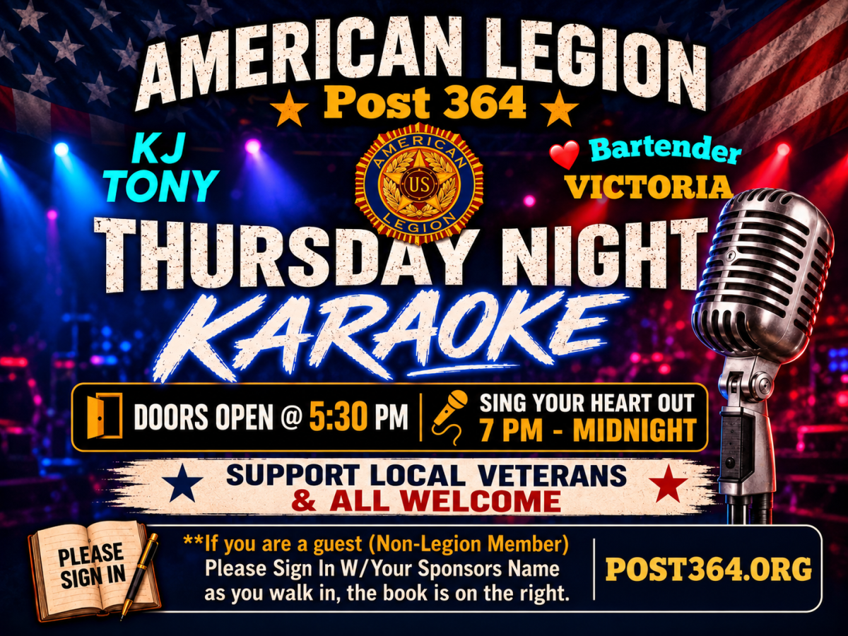 American Legion Post 364 Thursday Night Karaoke flyer featuring KJ Tony, bartender Victoria, doors opening at 5:30 PM, and karaoke from 7 PM to midnight. All are welcome.
