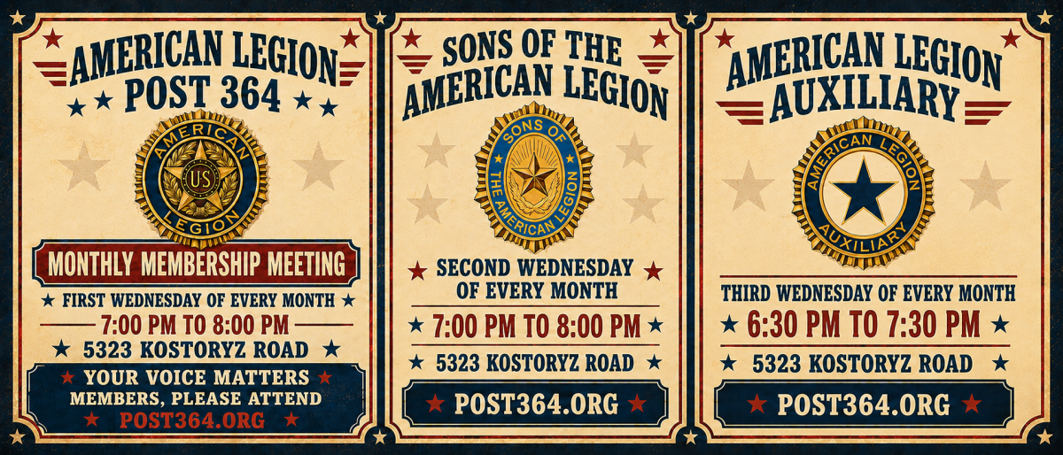 Wide patriotic banner divided into three sections for American Legion Post 364 organizations. The first section promotes the **American Legion Post 364 General Membership Meeting**, held the **first Wednesday of each month from 7:00–8:00 PM**. The second promotes the **Sons of the American Legion**, meeting the **second Wednesday of each month from 7:00–8:00 PM**. The third promotes the **American Legion Auxiliary**, meeting the **third Wednesday of each month from 6:30–7:30 PM**. Each section includes the appropriate organization emblem and patriotic red, white, and blue styling.